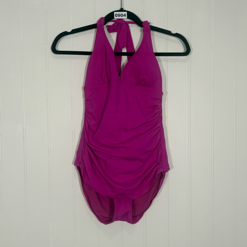 Halter One Piece Swimsuit Pink Ruched Slimming Resortwear Vacation Summer Size 8